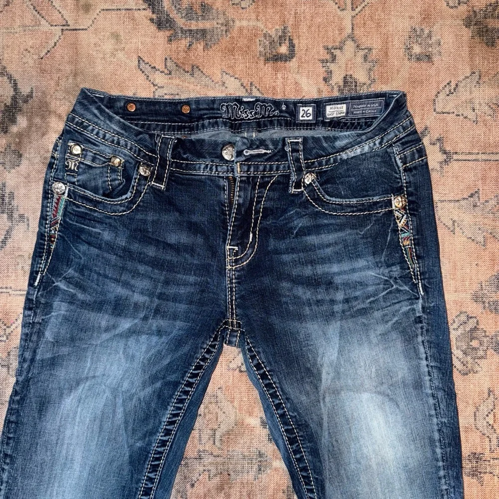 Miss Me Dark Blue Boot Cut Jeans with Embellished Pockets - Picture 3 of 4